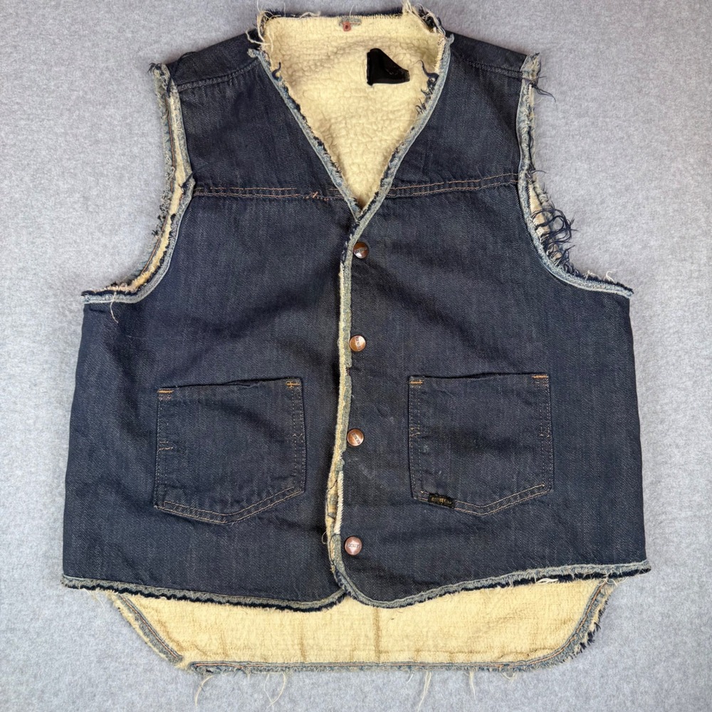 Vintage 70s Roebucks Denim Vest Mens Large Blue Sherpa Lined Distressed Cut Off